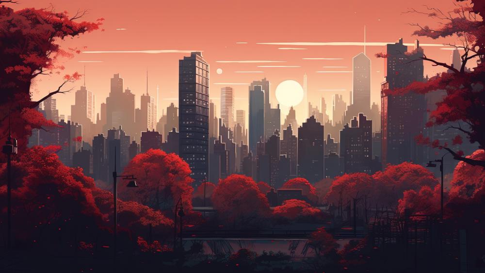 Dusk in a Crimson Anime City wallpaper