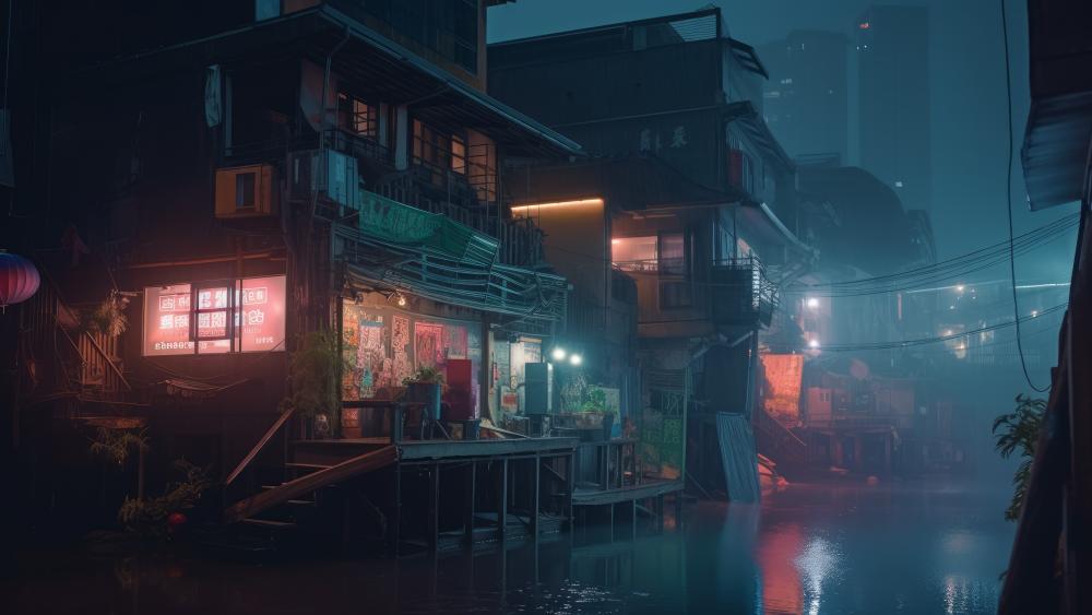 Drenched Cyberpunk Alleyway wallpaper