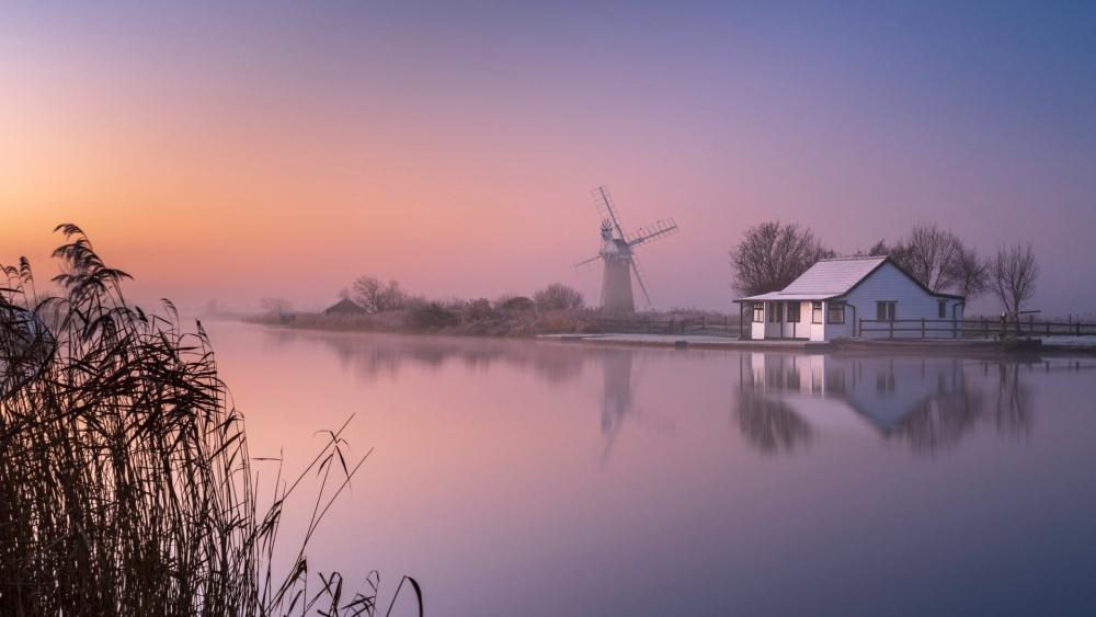 Misty Morning at The Broads Windmill wallpaper