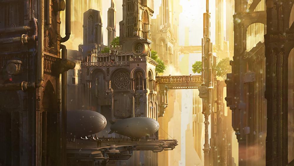 Sunlit Gothic Fantasy Metropolis wallpaper