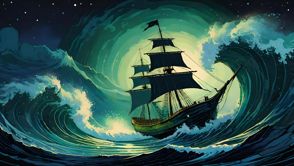 Mystical Sea Voyage under Starlit Skies wallpaper