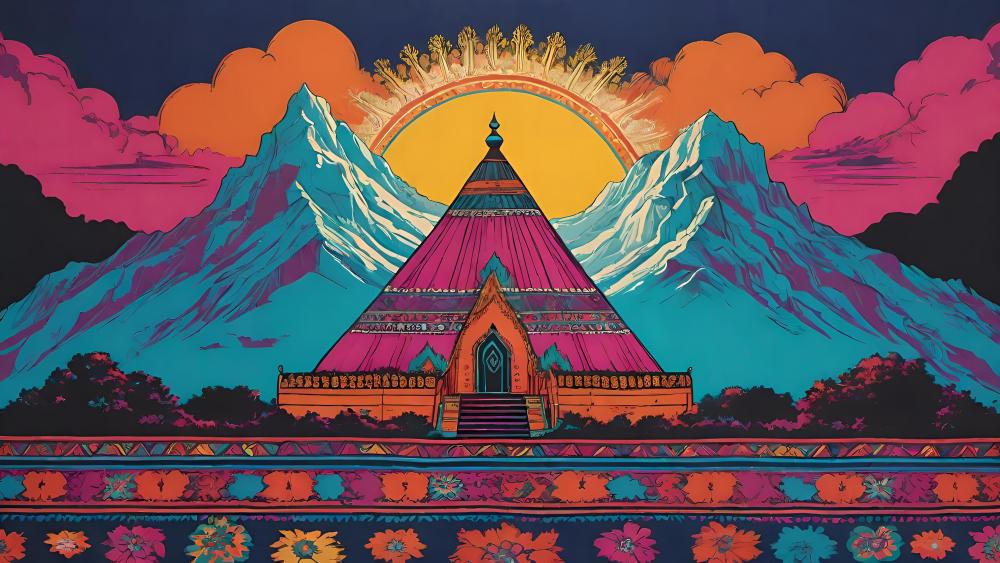 Mystical Sunset Over Vibrant Temple wallpaper