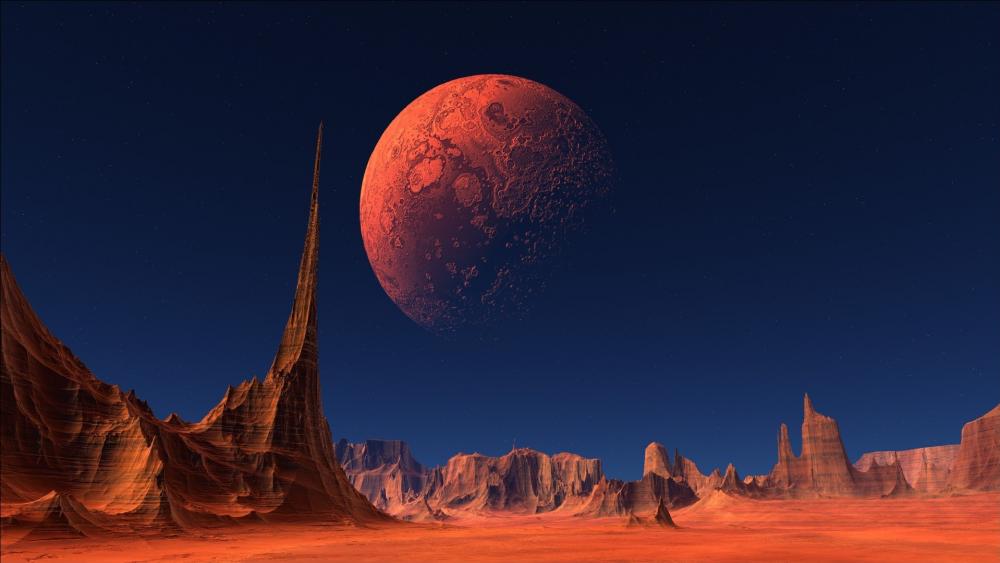 Desolate Martian Terrain Under a Crimson Sky wallpaper