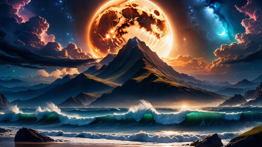 Epic Moonrise Over Turbulent Seas wallpaper