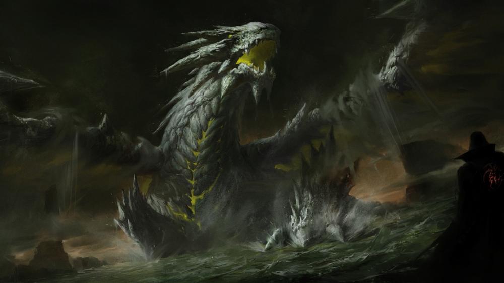 Majestic Dragon Emerges from Dark Waters wallpaper