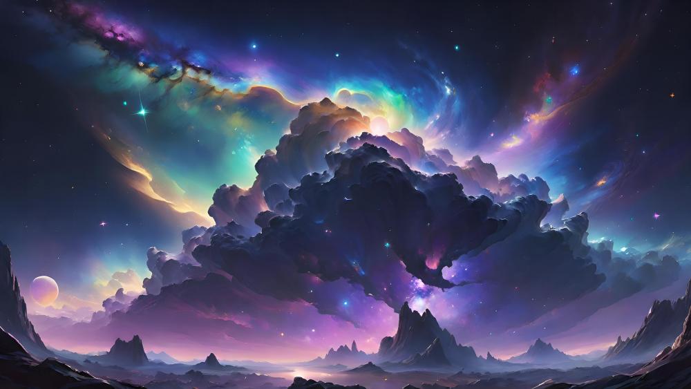 Mystical Mountain Horizon in Cosmic Hues wallpaper