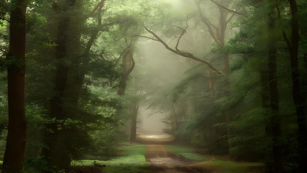 Mystical Forest Pathway Shrouded in Mist wallpaper