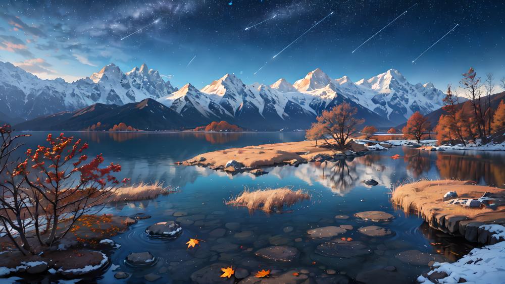 Starry Night over Snowy Mountain Sanctuary wallpaper