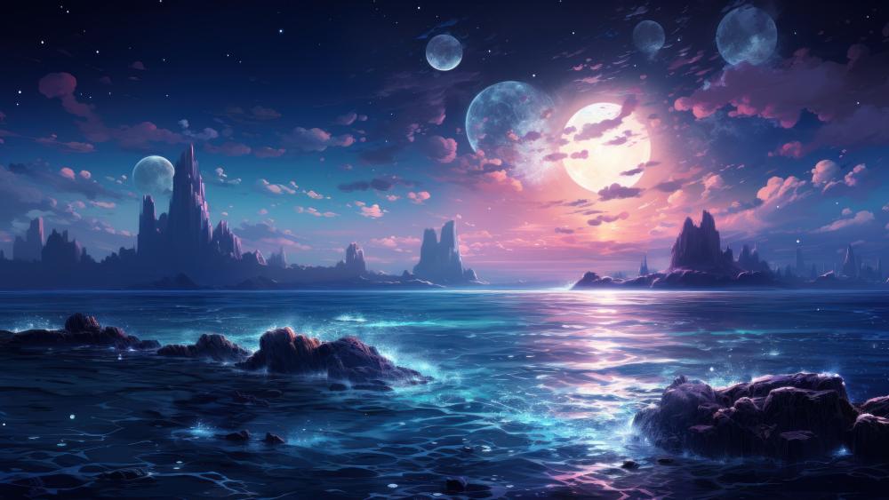 Moonlit Fantasy Seascape Dreamscape wallpaper