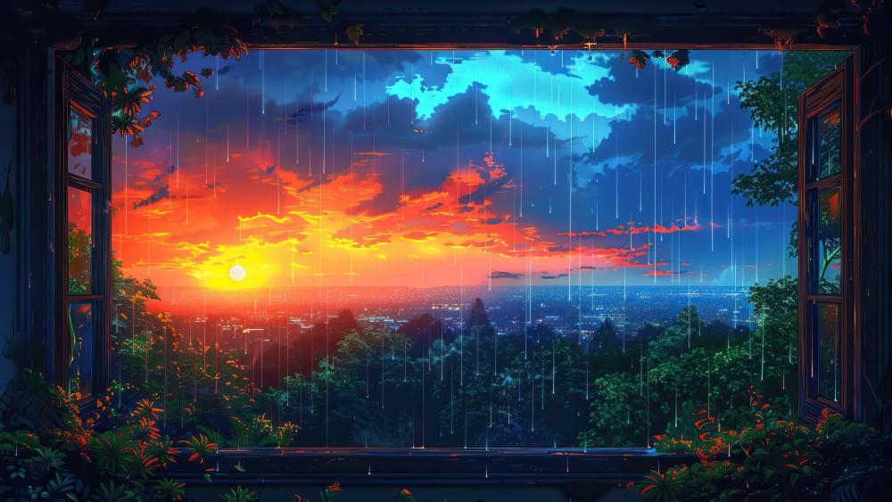 Rainy Sunset Through the Anime Window wallpaper