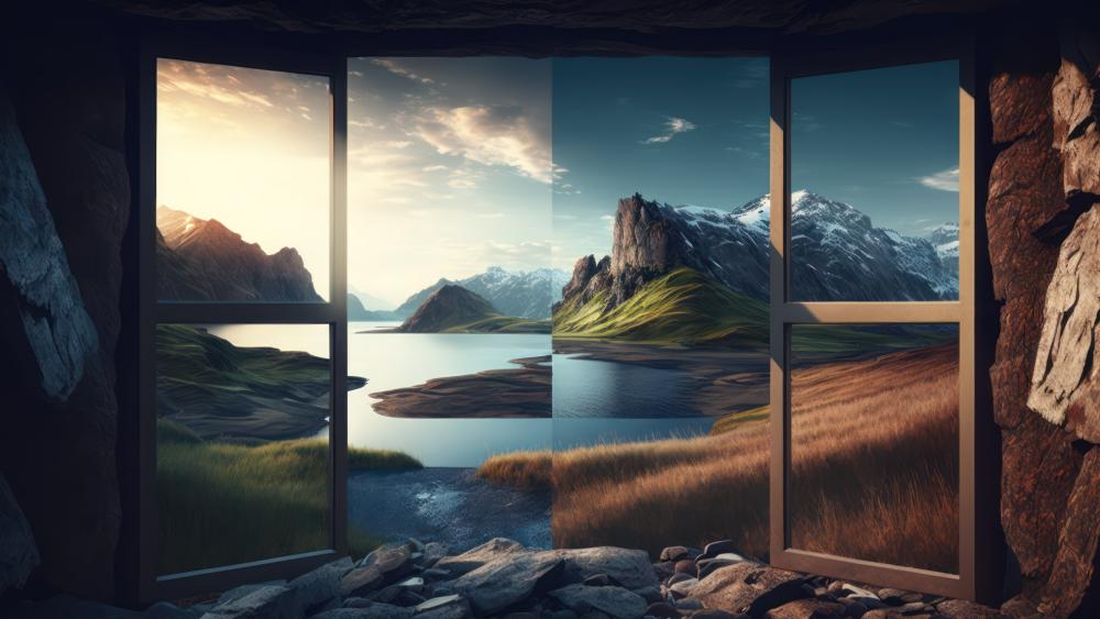 Surreal Vista from a Rustic Window Frame wallpaper