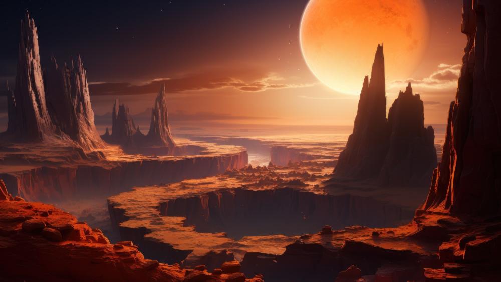 Moonlit Orange Canyon Under Cosmic Skies wallpaper