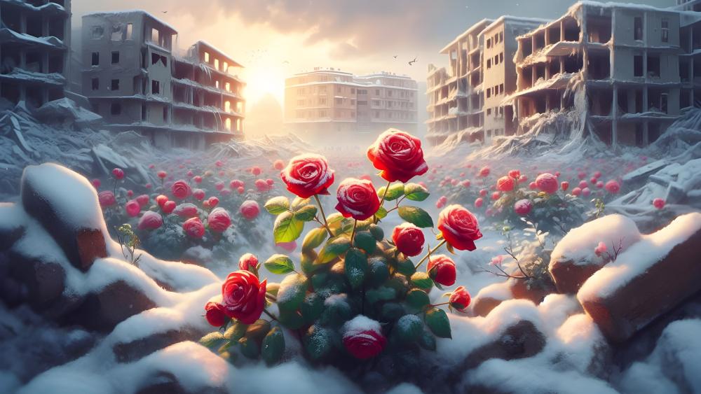 Snow Roses within a war riddle city wallpaper