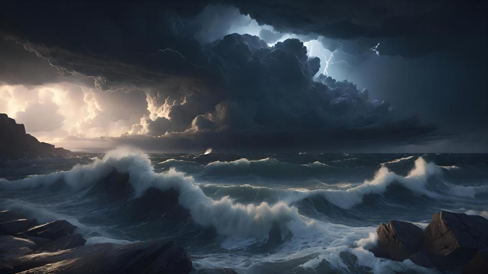 Majestic Storm Over Raging Sea wallpaper