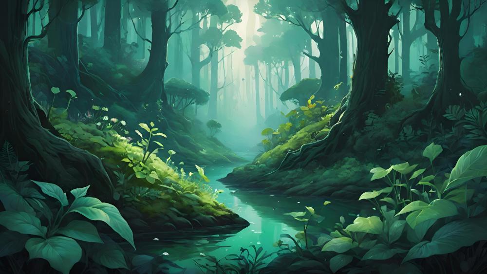 Mystical Forest Stream Serenity wallpaper