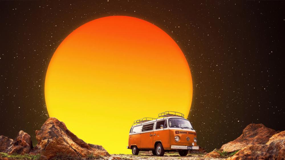 Retro Van Under a Cosmic Sunset wallpaper