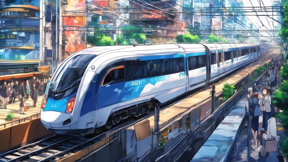 Anime High-Speed Train Bustling Through the City wallpaper