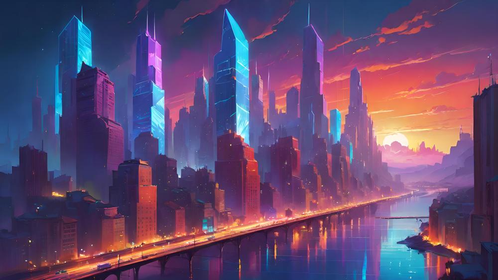 Sunset Over Cybernetic Cityscape wallpaper