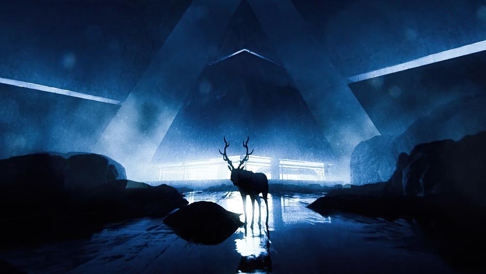 Mystical Reindeer Under Neon Triangles wallpaper