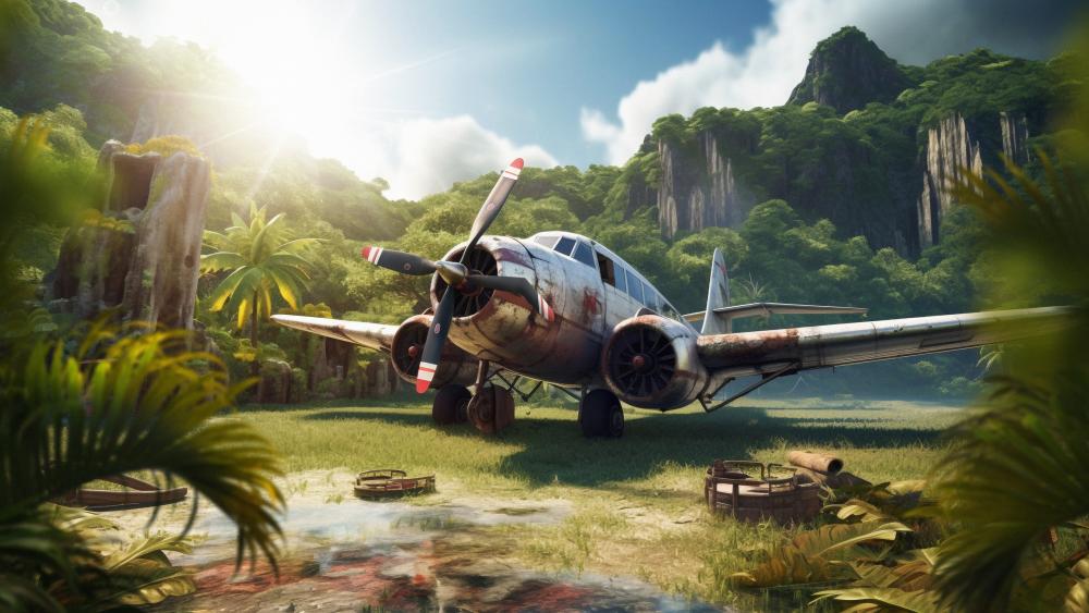 Vintage Airplane in Lush Jungle wallpaper