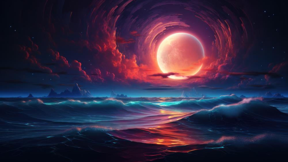 Mystical Red Moon Seascape wallpaper