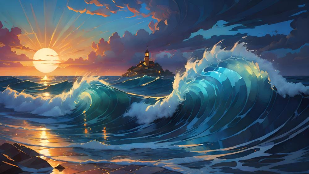 Sunset Beacon Amidst Turbulent Waves wallpaper