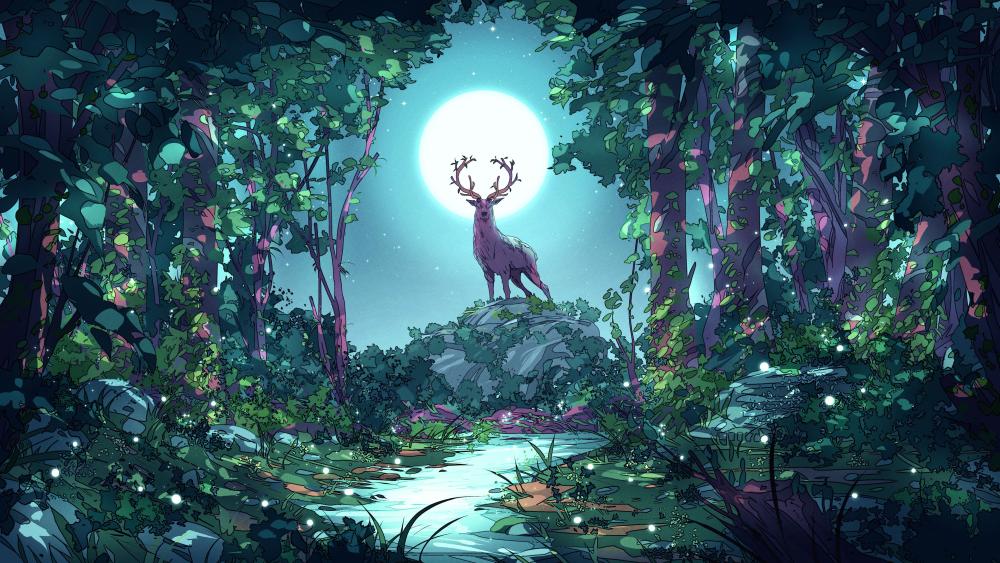 Mystical Moonlit Deer in Enchanted Forest wallpaper