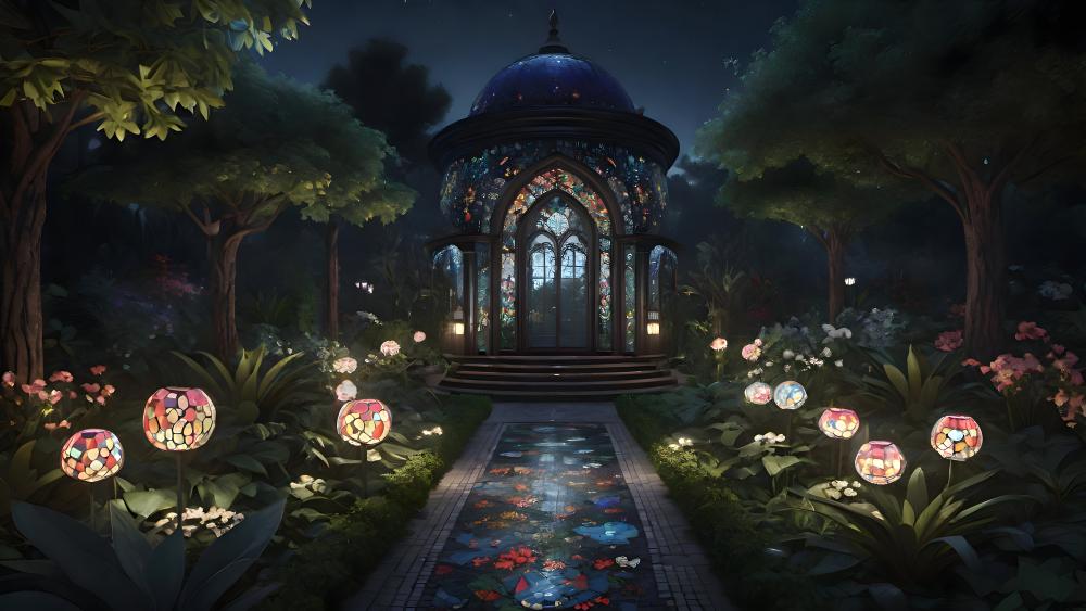 Moonlit Enchantment in Mystical Garden Pavilion wallpaper