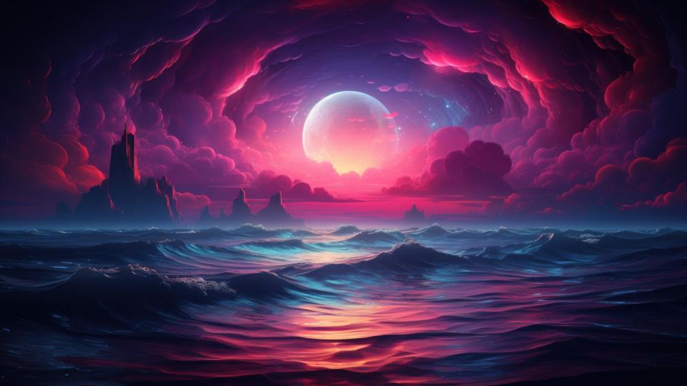 Moonlit Dreamscape of the Crimson Sea wallpaper