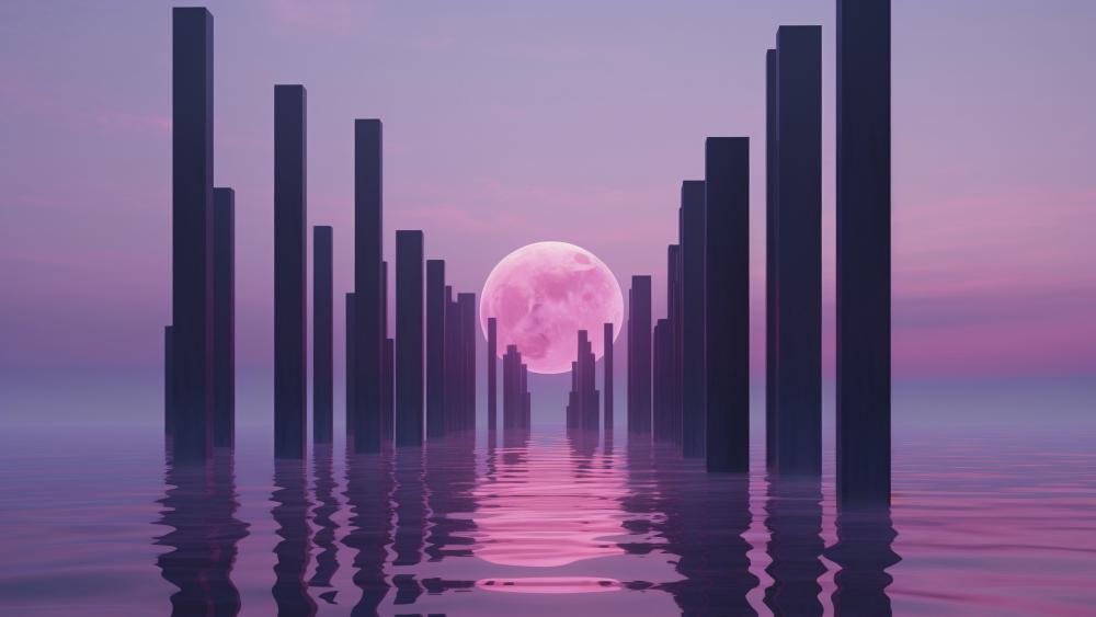 Surreal Pink Moonrise Over Water Cityscape wallpaper