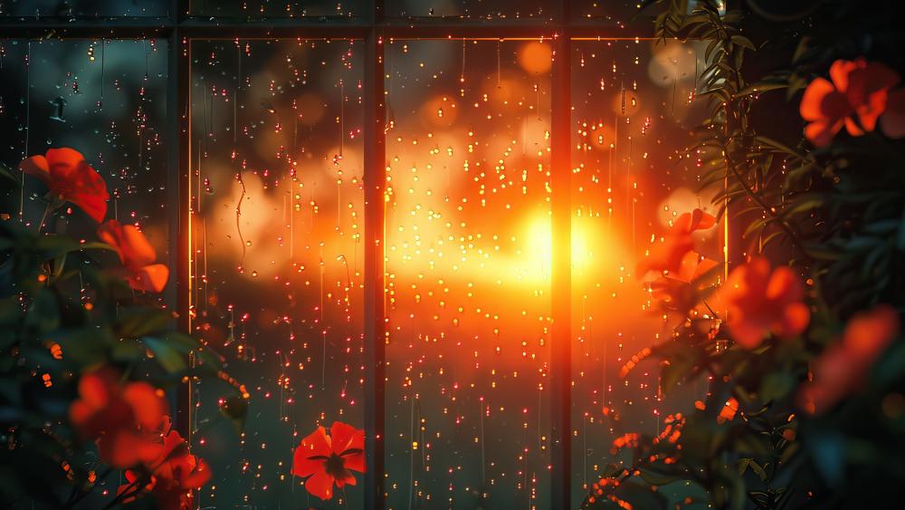 Dusk's Warm Embrace Through a Rain-Kissed Window wallpaper