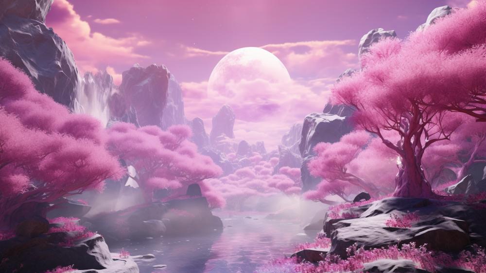Mystical Pink Moonlight Haven wallpaper