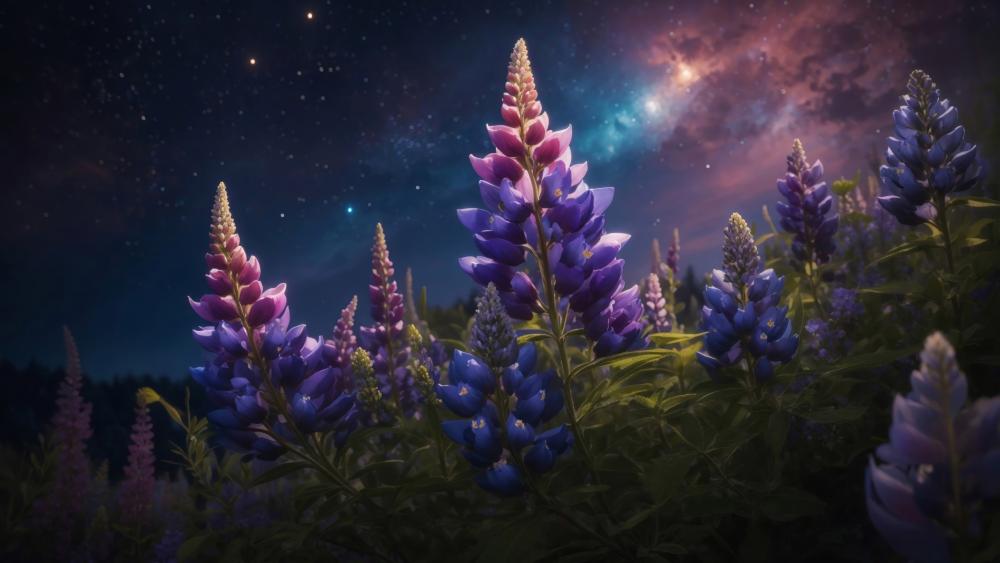 Lupins Under the Cosmic Veil wallpaper
