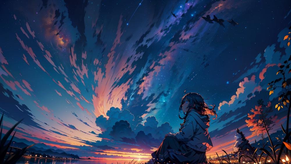 Anime Dusk Musings Under Starry Skies wallpaper