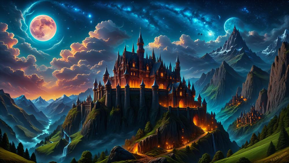 Mystical Moonlight Castle in the Mountains wallpaper