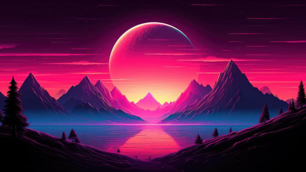 Surreal Pink Moon Over Retrowave Landscape wallpaper