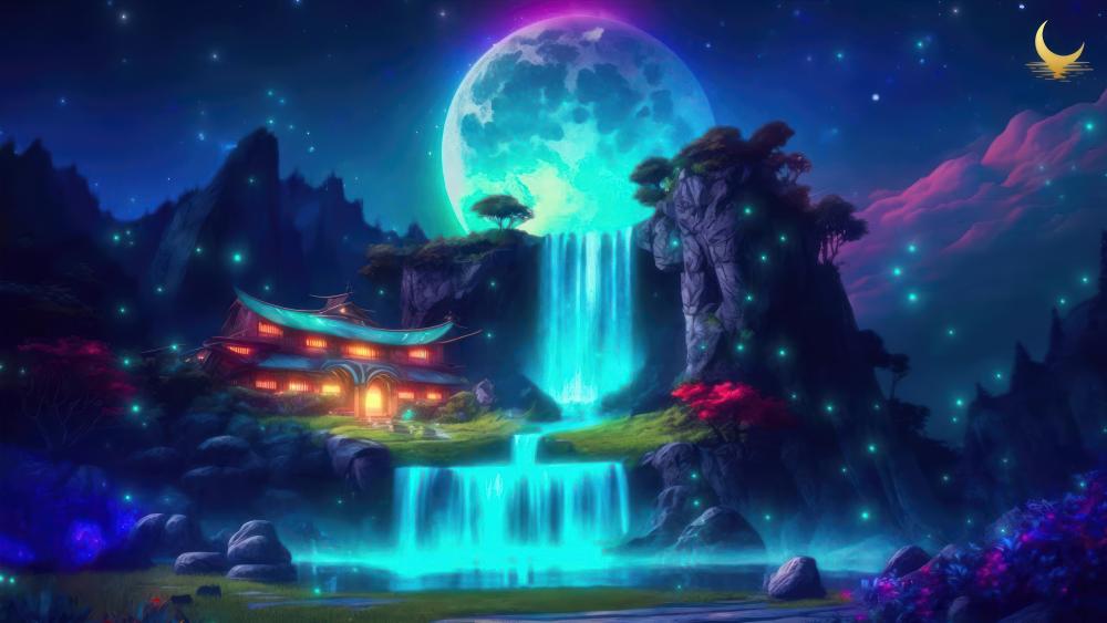 Moonlit Sanctuary by the Enchanted Falls wallpaper