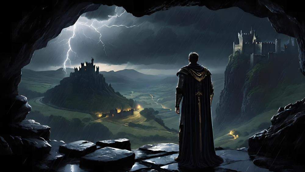 Knight Overlooking Stormy Castle wallpaper