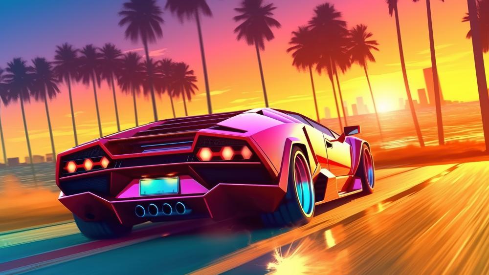 Neon Sunset Drive with Exotic Lamborghini wallpaper