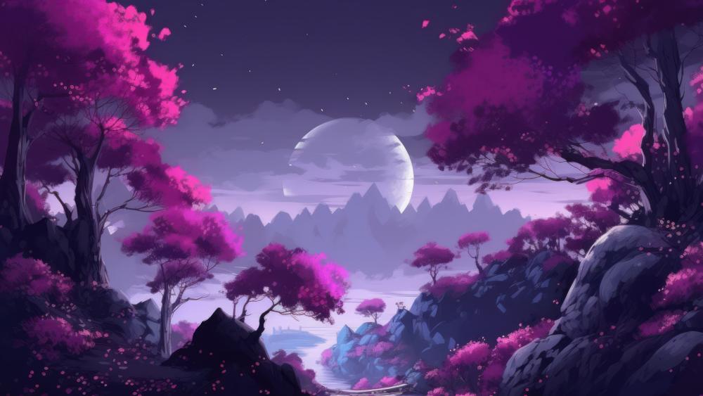 Moonlit Sakura Fantasy Landscape wallpaper