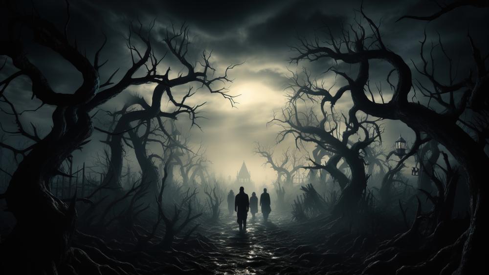 Shadowy Figures in a Haunted Forest wallpaper