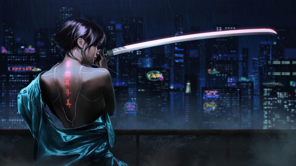 Cyberpunk Samurai Girl in Rainy Dystopia wallpaper