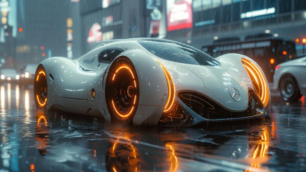 Futuristic Mercedes Concept in Rainy Metropolis wallpaper