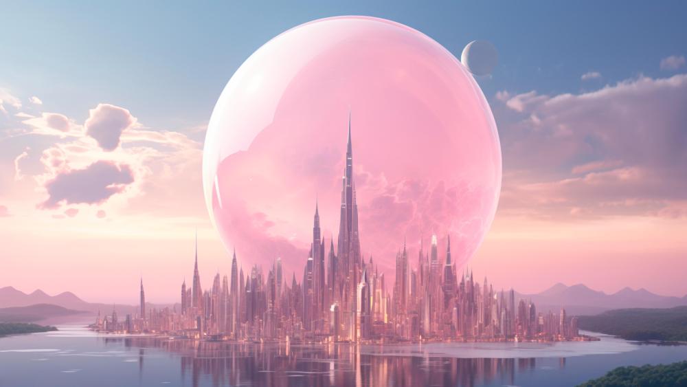 Giant Pink Moon Over Futuristic Cityscape wallpaper
