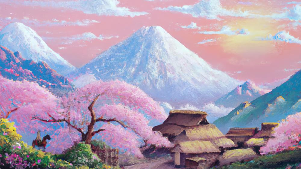 Cherry Blossom Utopia in the Mountains wallpaper