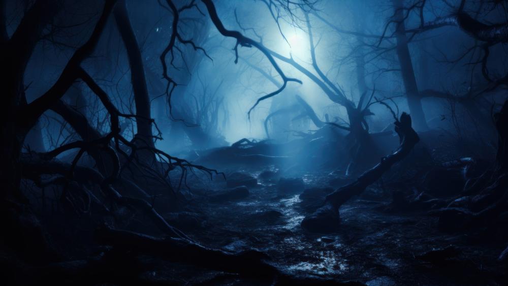 Eerie Blue Forest - AI Generated Halloween Scene wallpaper