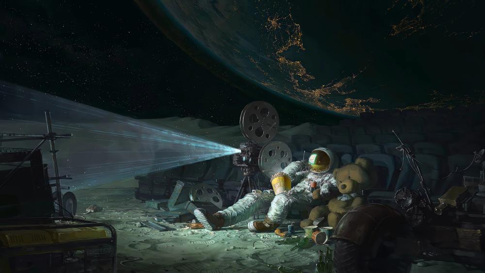 Astronauts Shooting a Moonlight Movie wallpaper