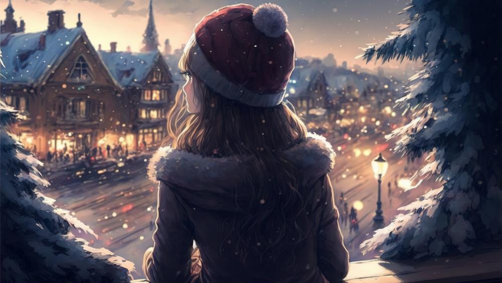 Enchanted Snowy Evening in Festive Town wallpaper