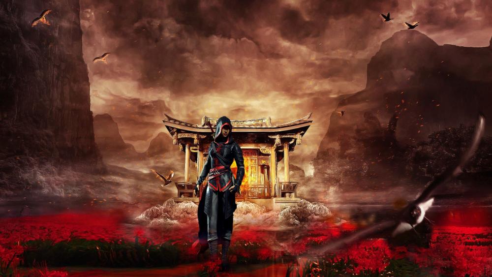 Mysterious Guardian at the Oriental Shrine wallpaper