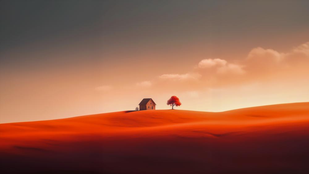 Solitary House and Tree on a Red Hill wallpaper